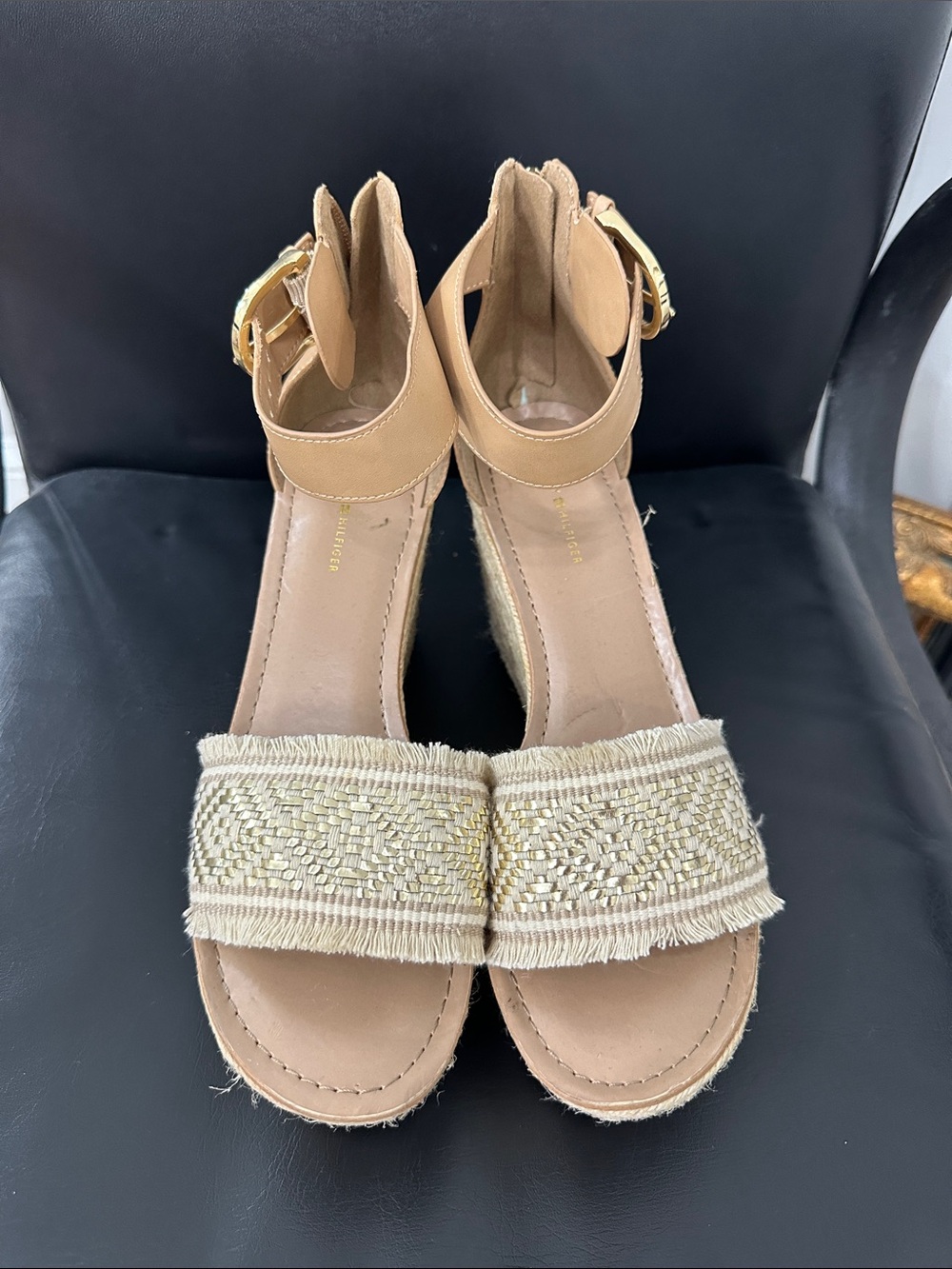 Tommy Hilfiger Tan Espadrille Wedge Sandals with Gold Accent